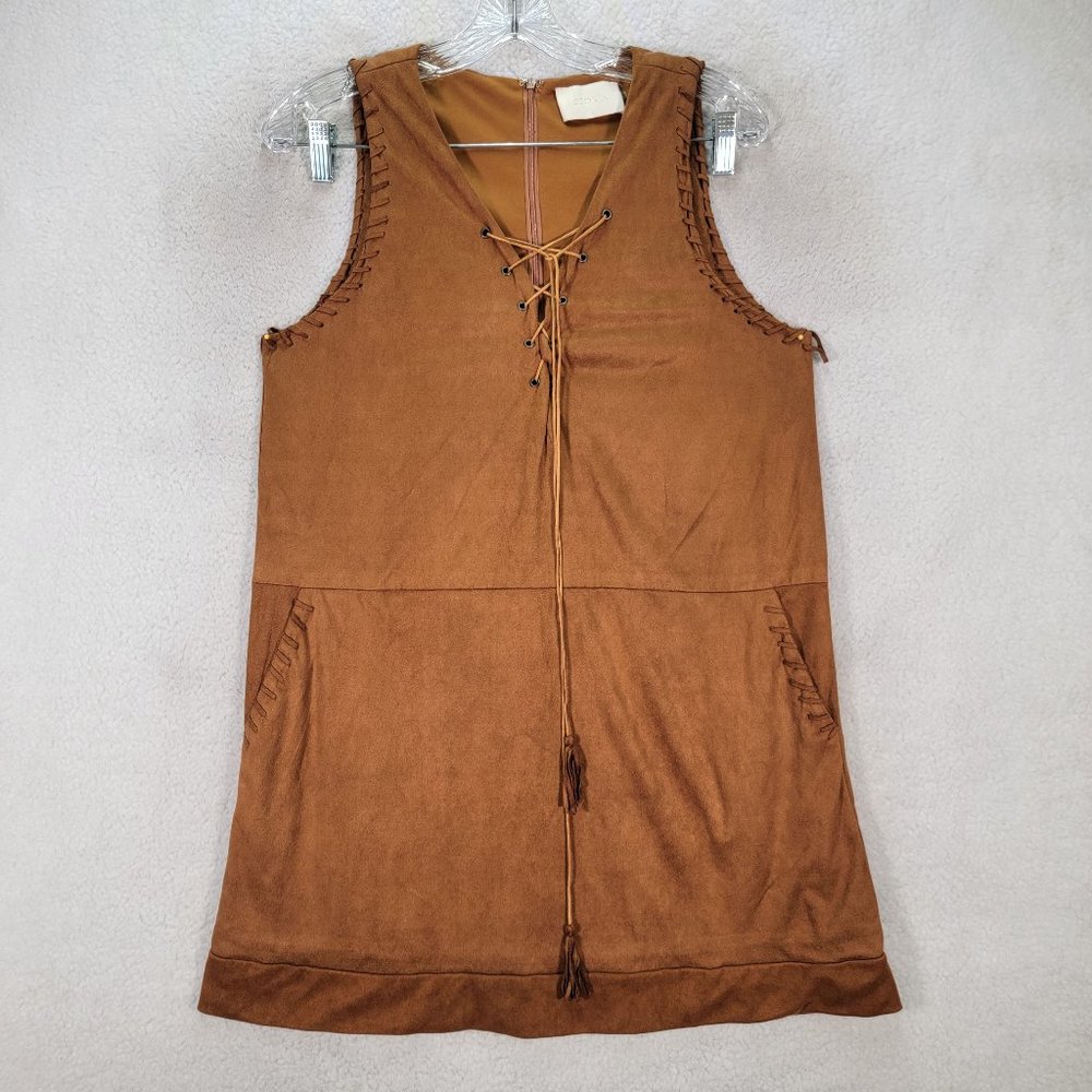 Brown Faux Suede Lace Up Tasseled Pockets Stretch Costume Style Shift Mini Dress